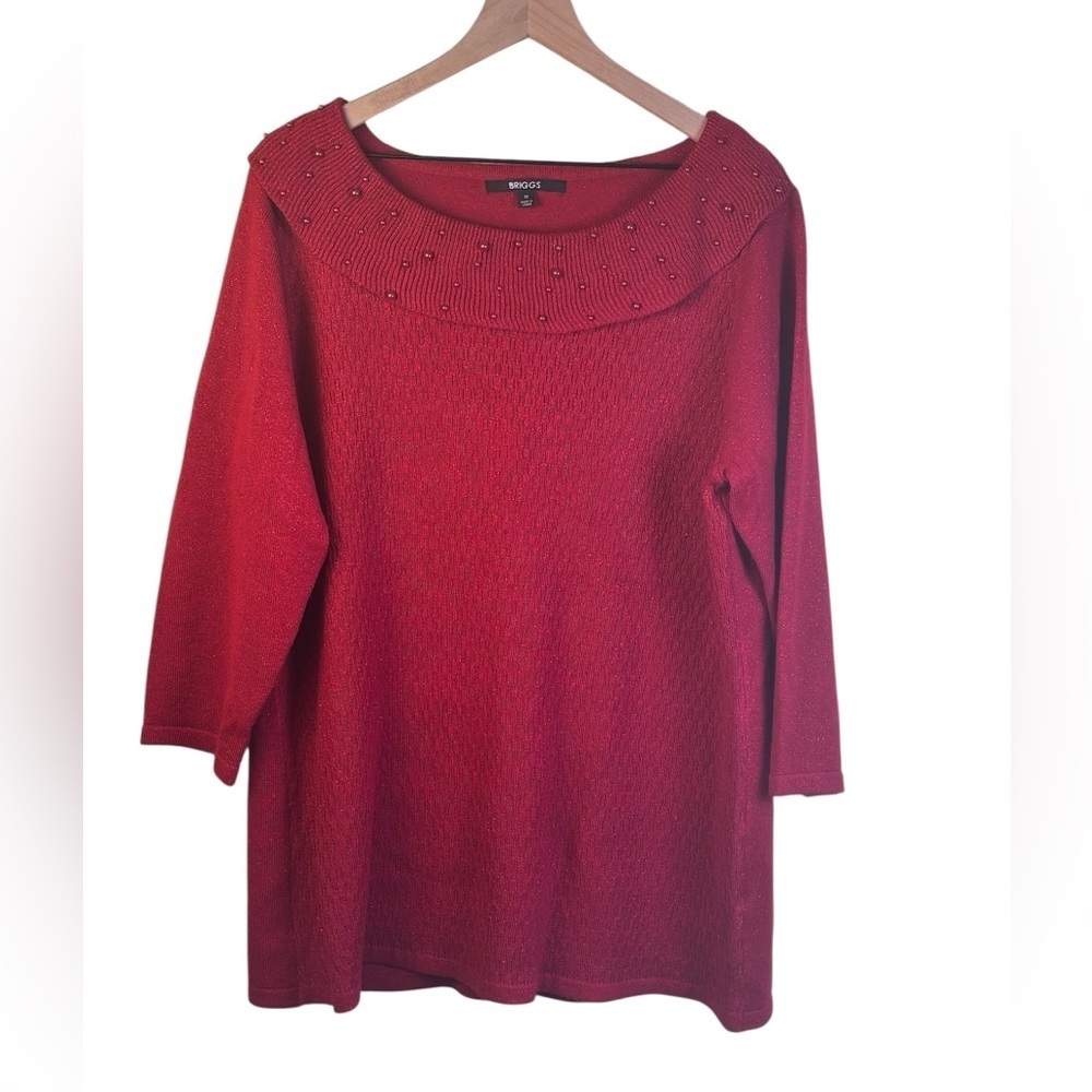 Briggs Red Sparkling Beaded Collar Sweater Size 1X